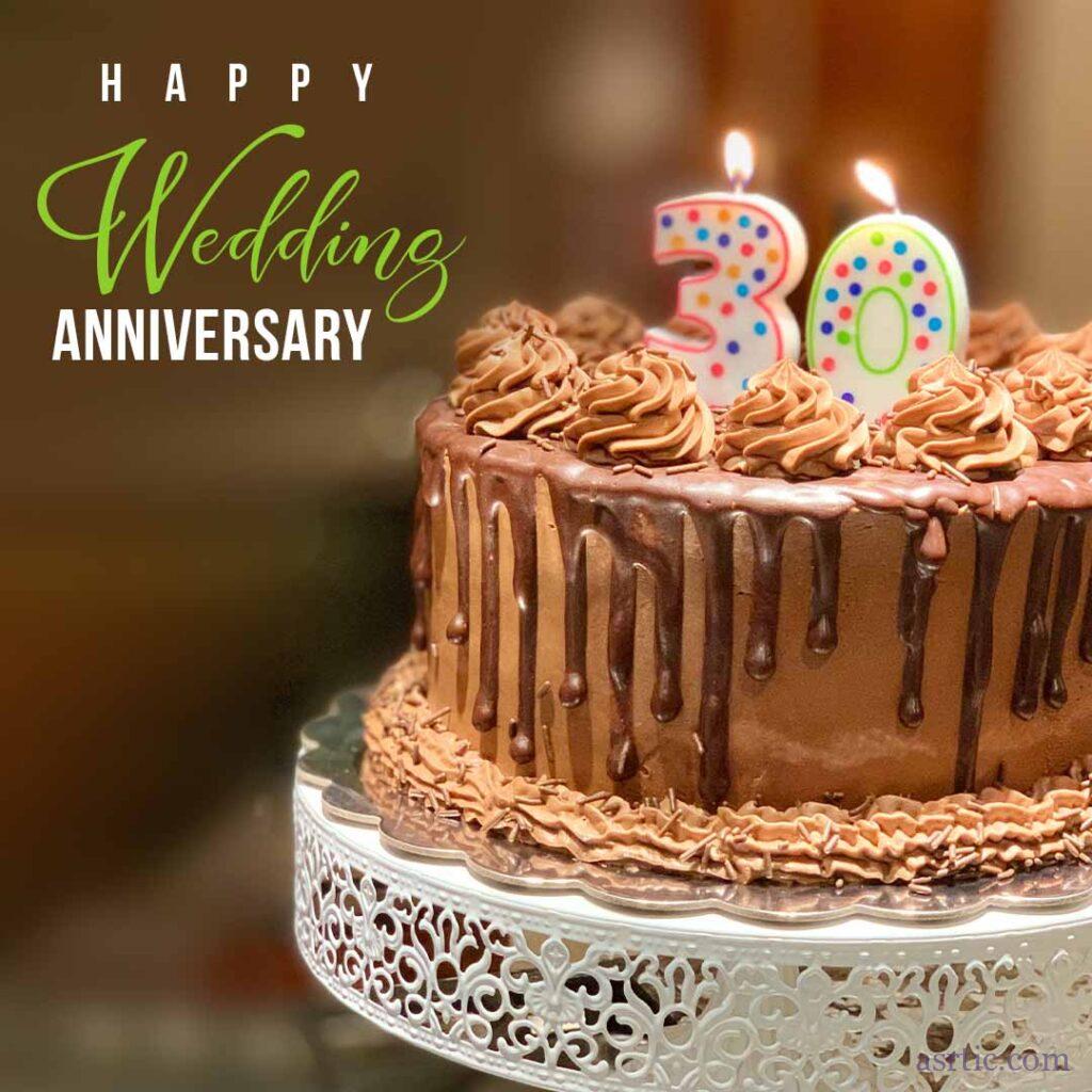 A lit candle on top of a delicious chocolate cake, celebrating 30 years of love and commitment