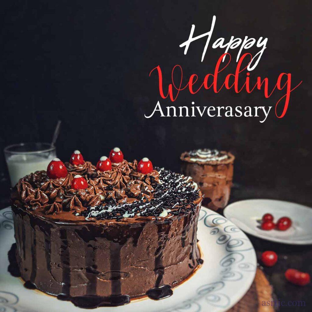 A delicious chocolate cake decorated with a Happy Anniversary message