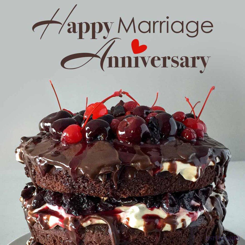 A beautifully decorated table with anniversary quotes, Levish dripping chocolate and Black Forest cake