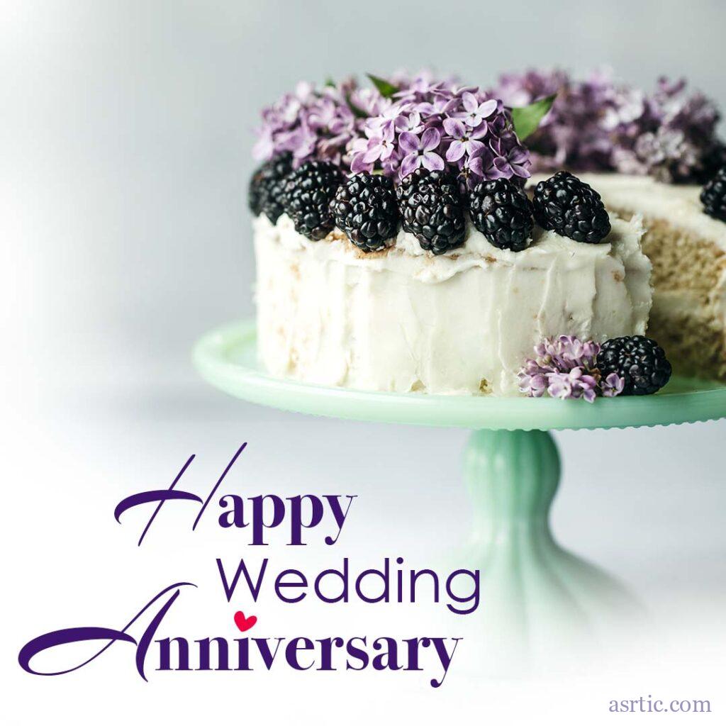 A beautifully decorated Blackberry Lilac cake with an anniversary quote