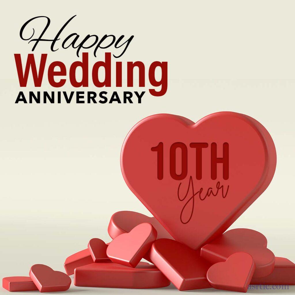 A collection of 3D red hearts on a white background representing a wedding anniversary celebration