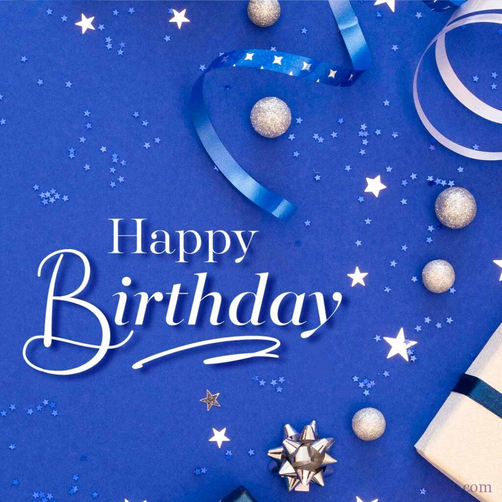 An image of wrapped presents arranged in a composition with a happy birthday message on a blue background