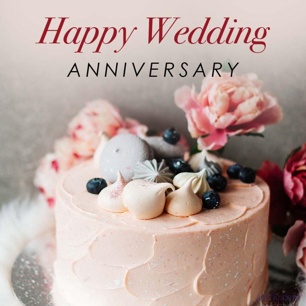 An image of Fresh flowers and a background of anniversary quotes surround a beautifully presented cake filled with juicy blackberries and a creamy filling.