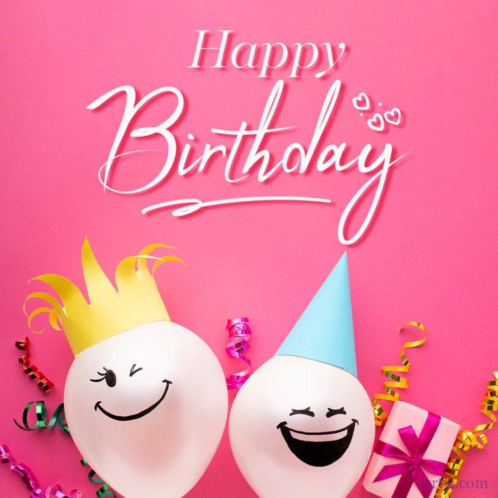 A picture of happy birthday advance wishes on a pink background with balloons and gifts