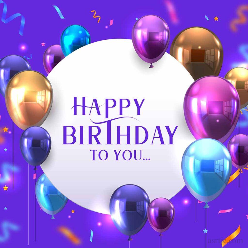 A happy birthday message on a purple background with a bunch of colorful 3D balloons