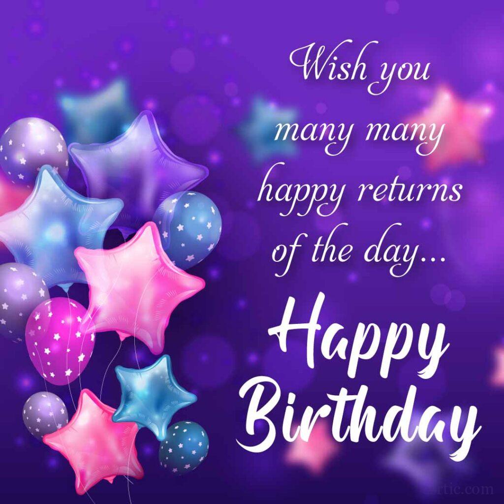 An image of a happy birthday message on a purple background with star-shaped colorful balloons