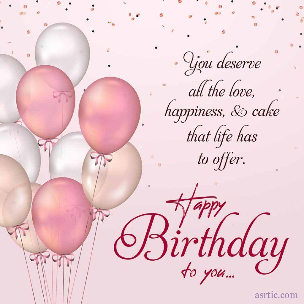 A background of golden sparkles with pink and white balloons with the words "Happy Birthday" written in cursive.
