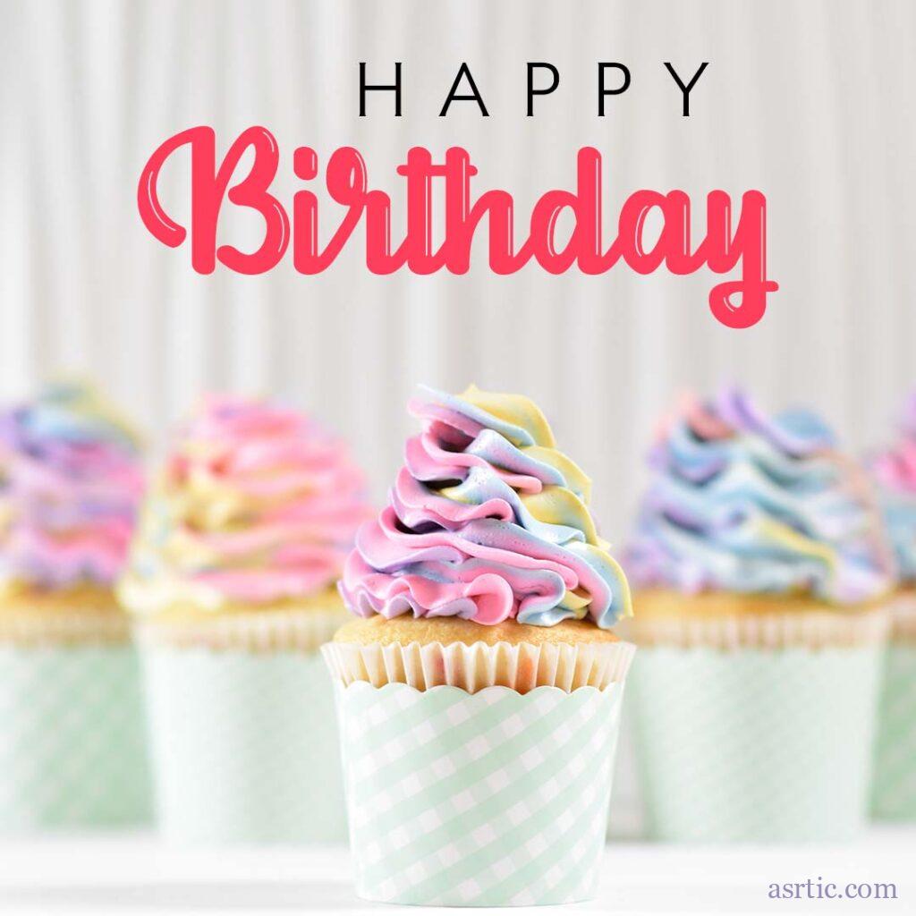 A picture of happy birthday wishes for a closest friend, greeting text and delicious cupcakes topped with cream