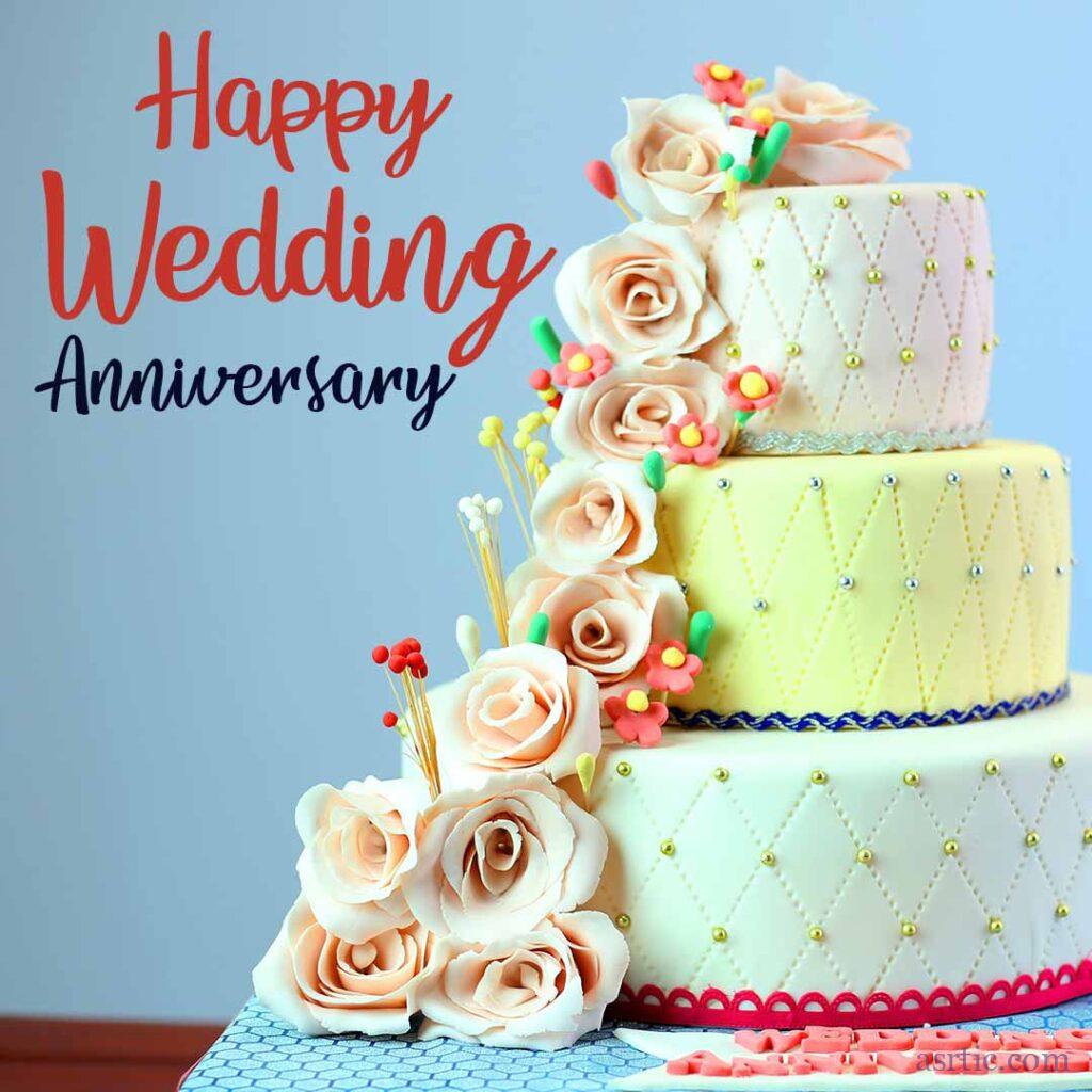 A beautifully decorated anniversary cake with multiple layers and intricate decorations