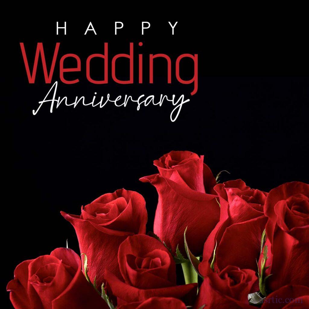 A close-up of red roses arranged on a black background with anniversary text