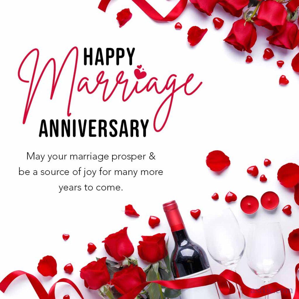 A romantic scene of a red wine bottle and glass surrounded by hearts and red roses on a table with happy marriage anniversary quotes