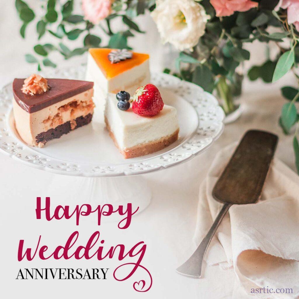 Slices of a delicious cake decorated with fresh strawberries and blackberries, a floral background, and an anniversary quote