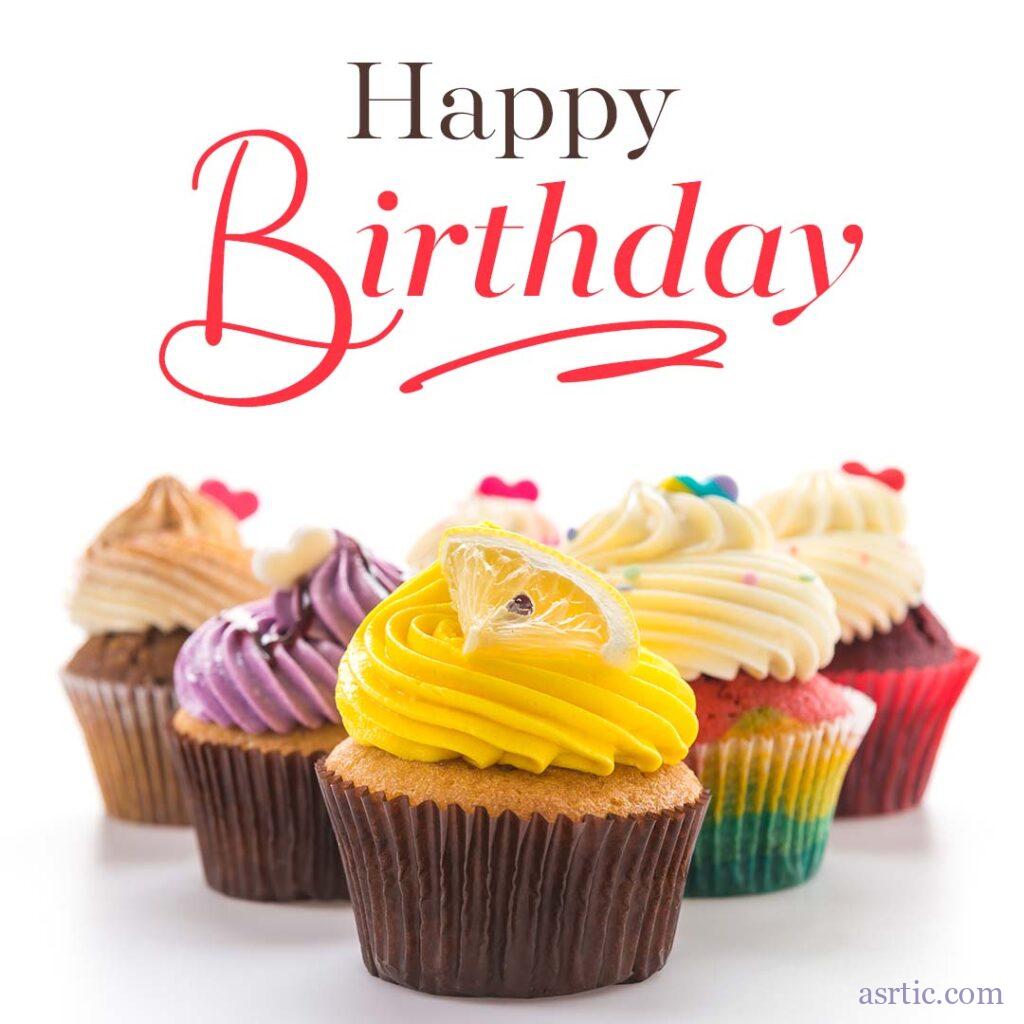 A delicious image of tasty cupcakes on a white background with a happy birthday quote