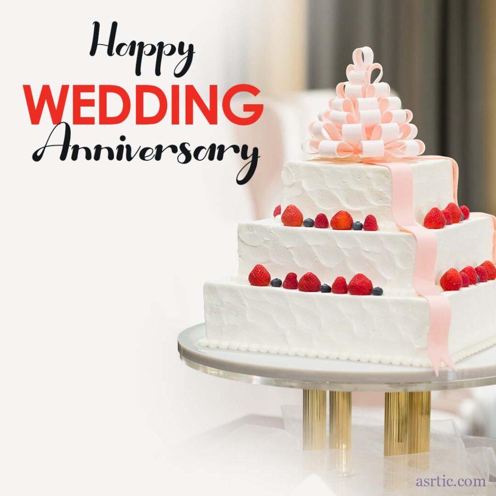 An images of Three-Tiered Cream Cake with Red Cherry and Blackberry Topping, Featuring an Anniversary Message