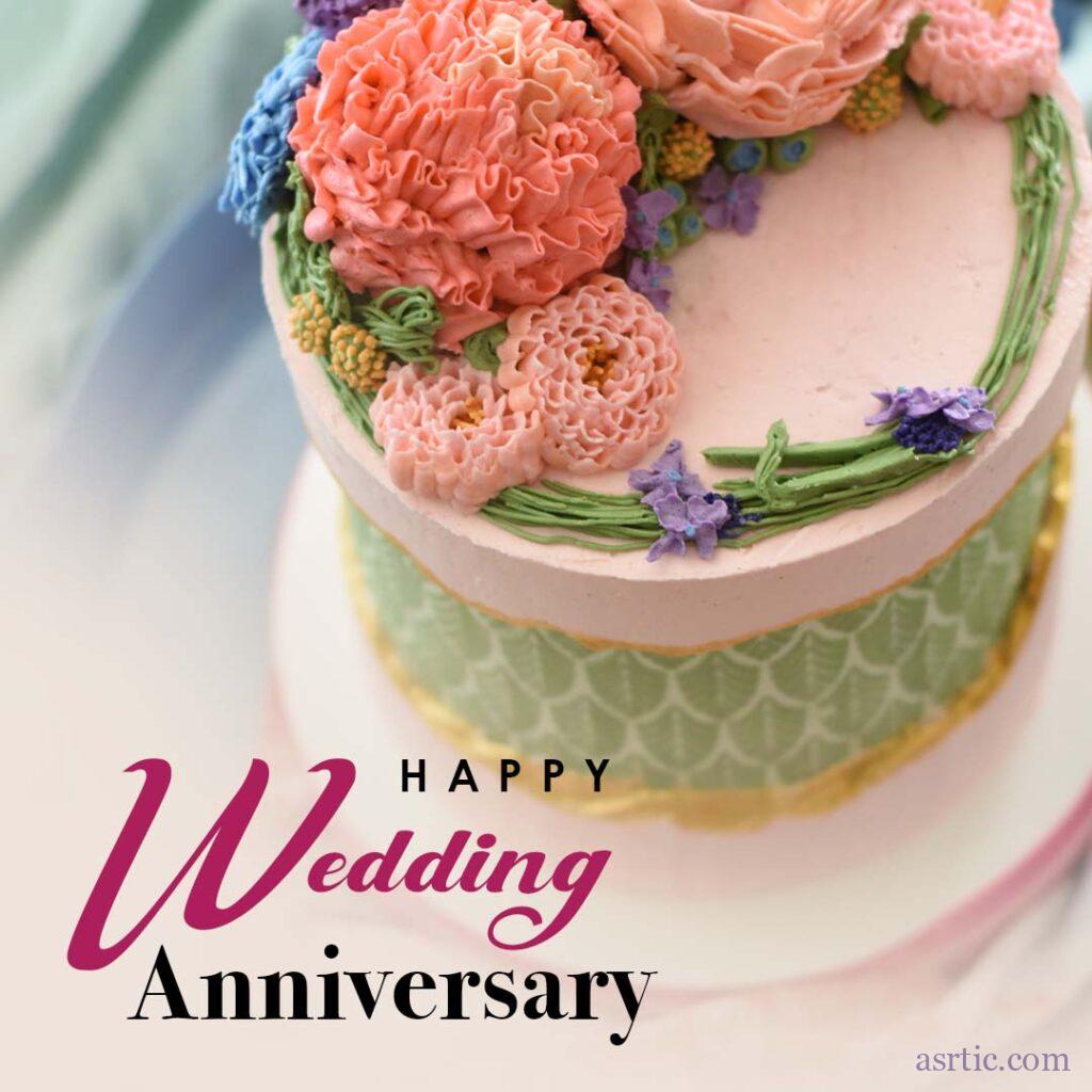 A beautifully designed anniversary card featuring a traditional florist cake